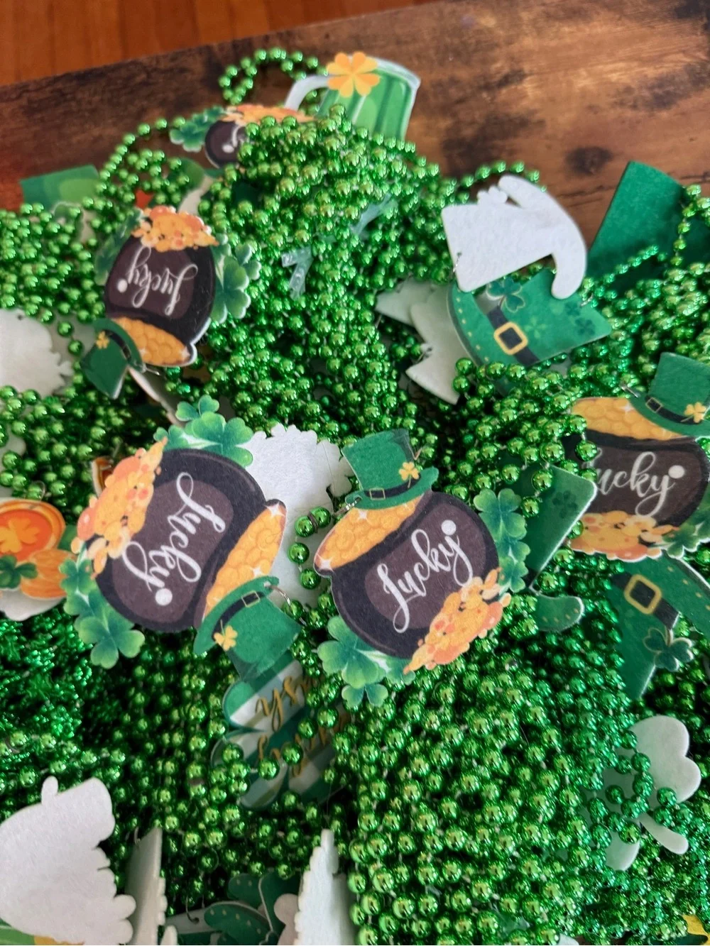 St. Patrick's Day Green Party Bead Necklaces with Themed Charms large lot